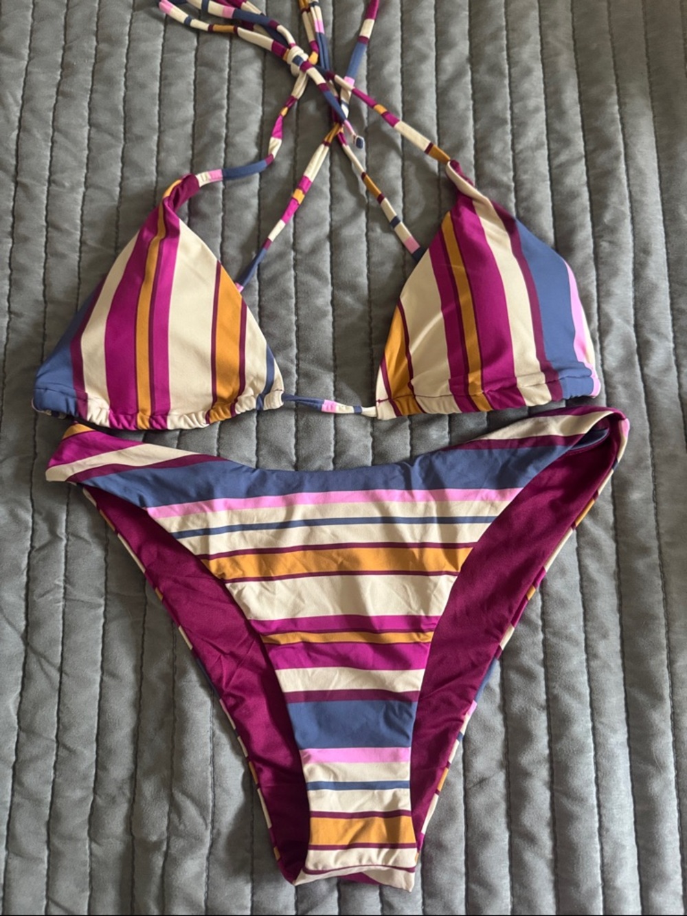 Roxy Striped Bikini Set in Purple, Pink, Blue and Yellow